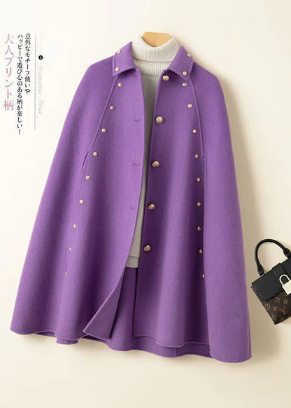 Classy Purple Oversized Rivet Cashmere Coats Cloak Sleeves