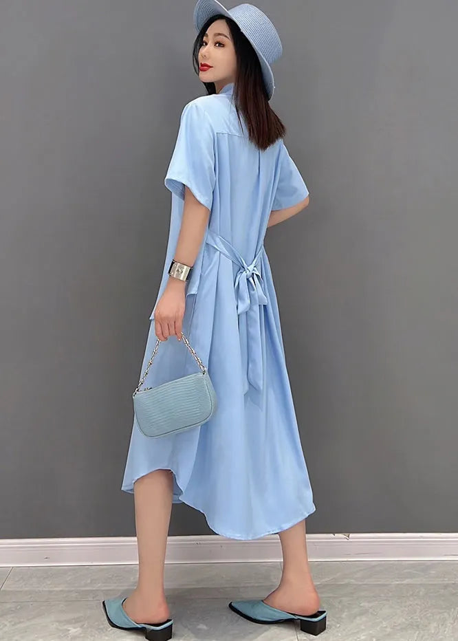 Stylish Blue Peter Pan Collar Patchwork Chiffon Fake Two Piece Shirt Dresses Short Sleeve