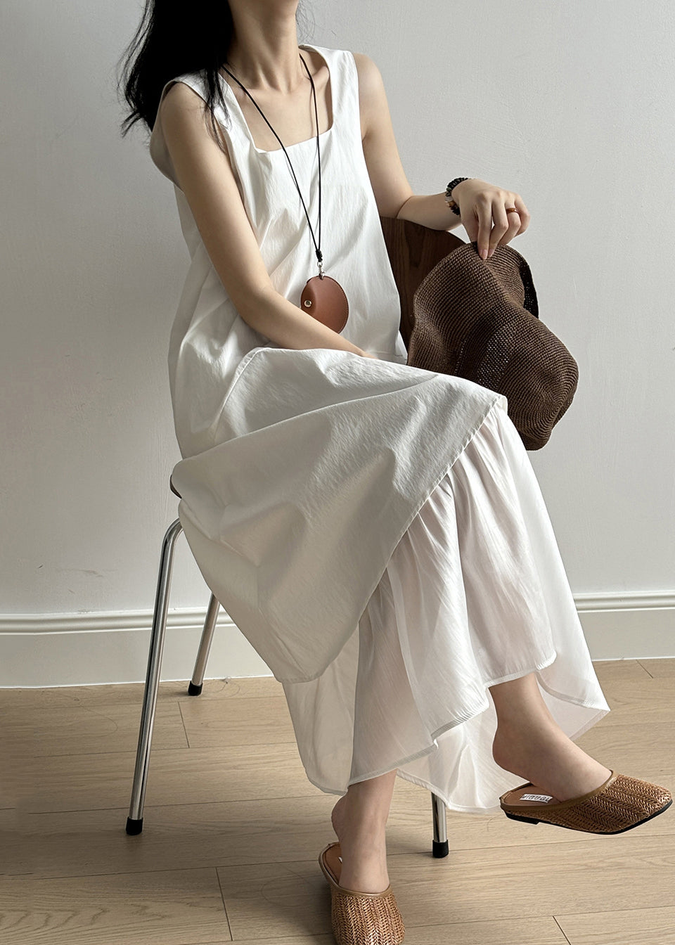 New White Square Collar Patchwork Cotton Long Dresses Sleeveless