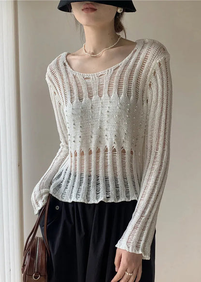 White Hollow Out Nail Bead Knit Sheer Tops Fall