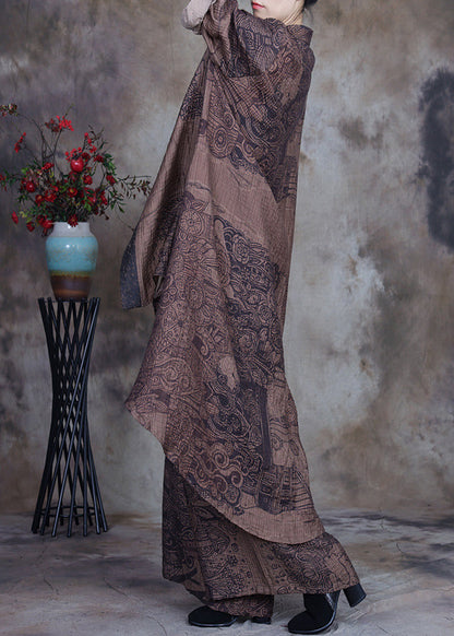New Coffee Button Print Low High Design Linen Two-piece Set Spring