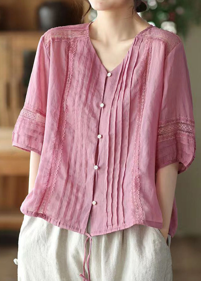 Rose V Neck Wrinkled Patchwork Linen Shirt Top Summer
