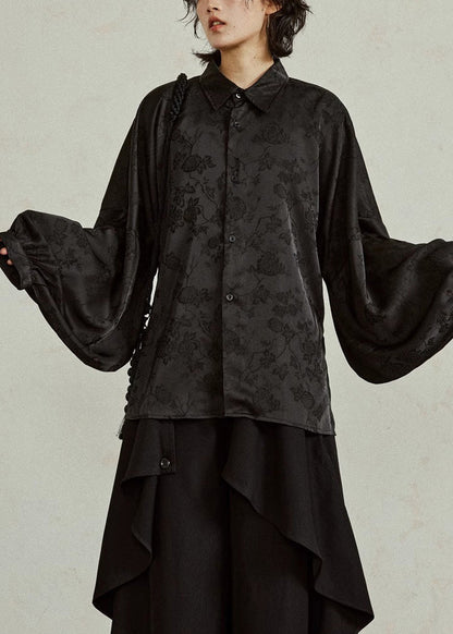 Jacquard Black Button Silk Shirts Fall