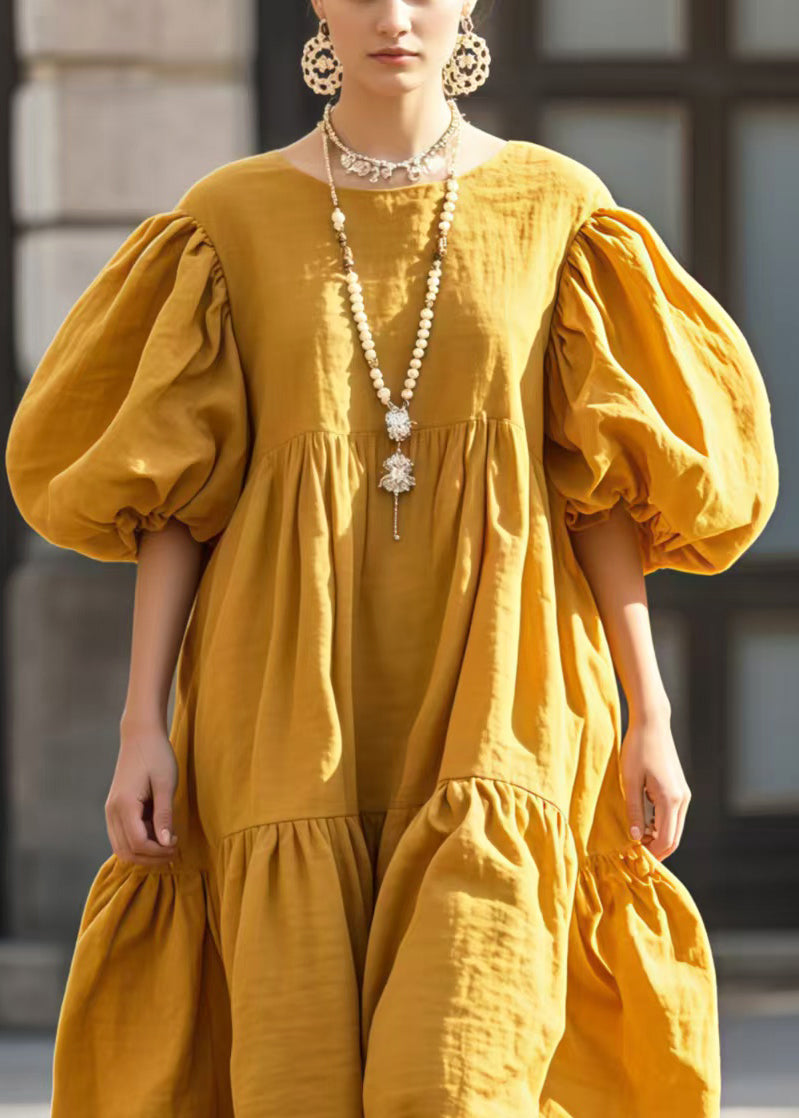 Yellow Puff Sleeve Oversized Cotton Vestidos Dressn Summer
