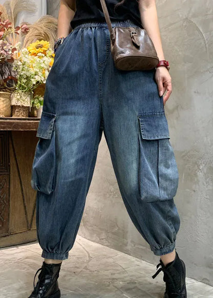 Unique Blue Pockets Denim Lantern Pants Spring
