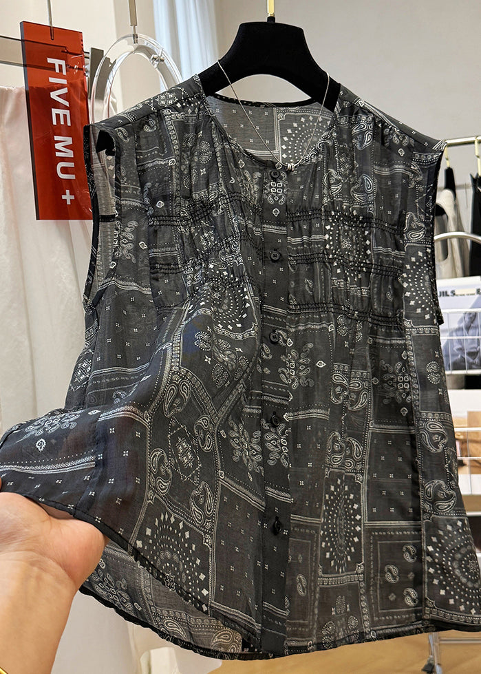 Black O Neck Print Button Cotton Tops Sleeveless