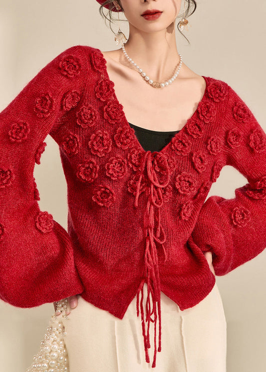 Style Red V Neck Drawstring Cotton Knit Sweater Lantern Sleeve Winter