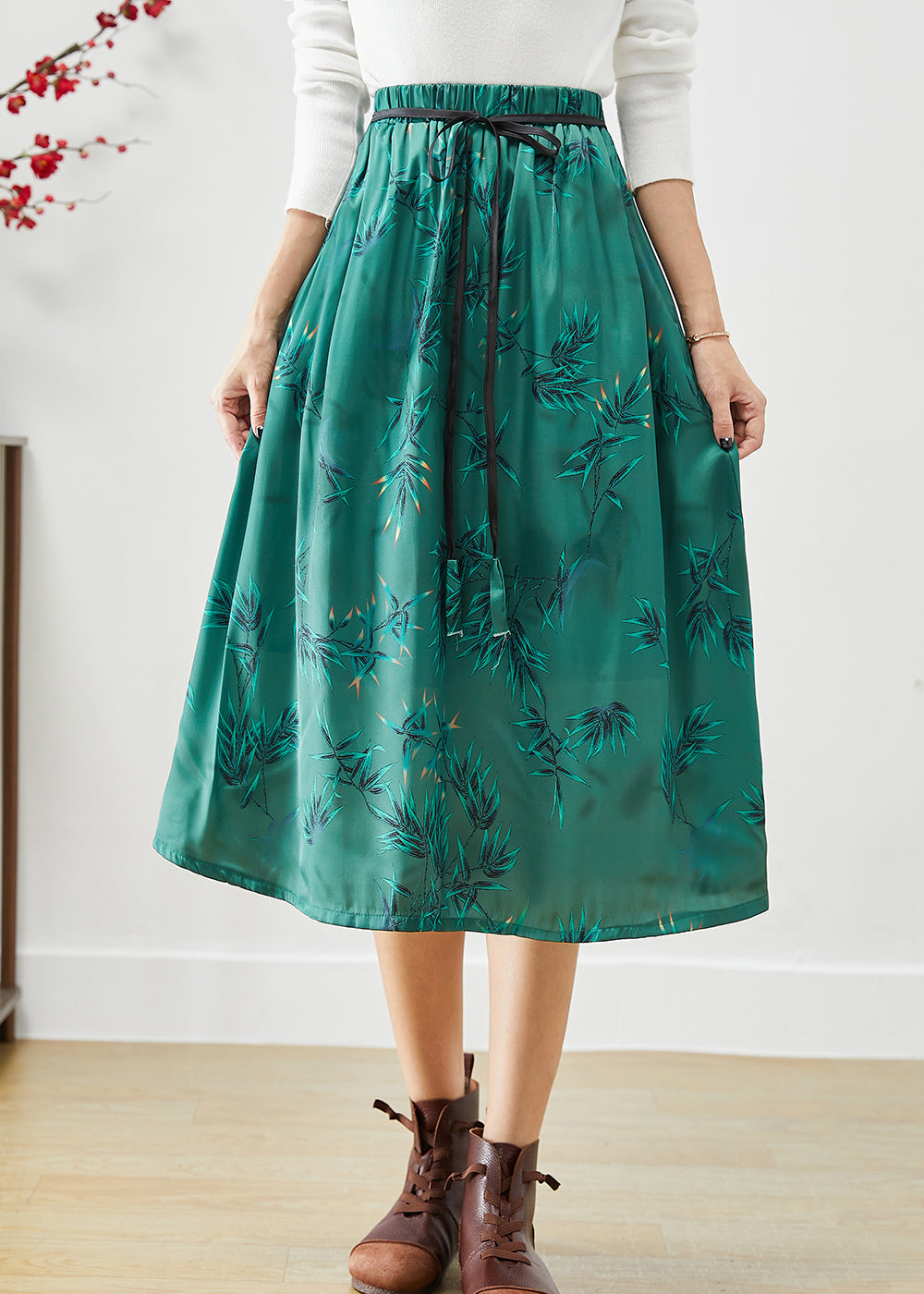 Green Embroideried Bow Silk a Line Skirt Fall