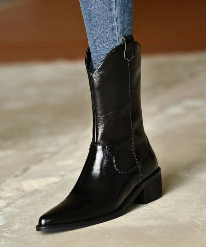 Black Pointed Toe Boots Chunky Cowhide Leather