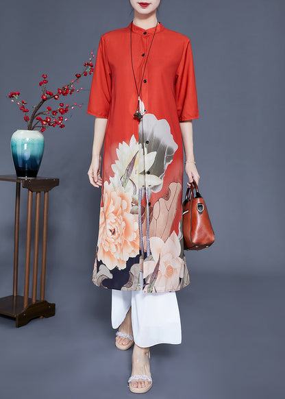 Orange Stand Collar Print Side Open Silk Sets 2 Pieces Half Sleeve