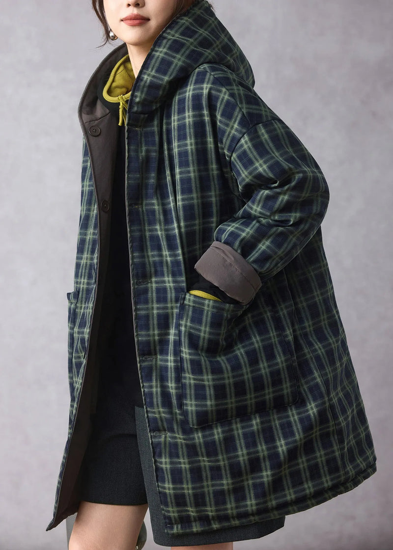Loose Green Plaid Wear on Both Sides Fine Cotton Filled Hooded Coats Winter