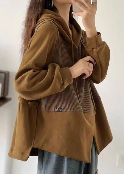 Yellow Asymmetrical Patchwork Cotton Hooded Top Fall