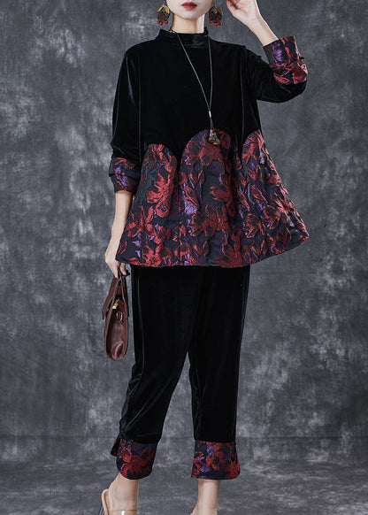Black Oversized Patchwork Jacquard Silk Velvet Two Pieces Set Spring