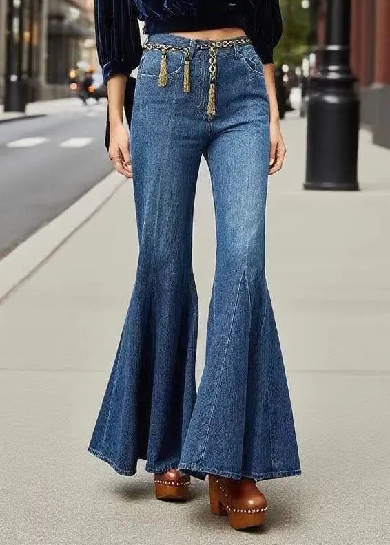 Boutique Navy Tasseled Denim Bell-bottom Trousers Fall