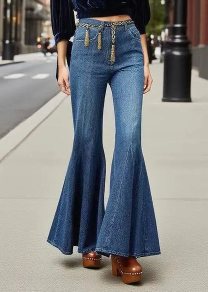 Boutique Navy Tasseled Denim Bell-bottom Trousers Fall