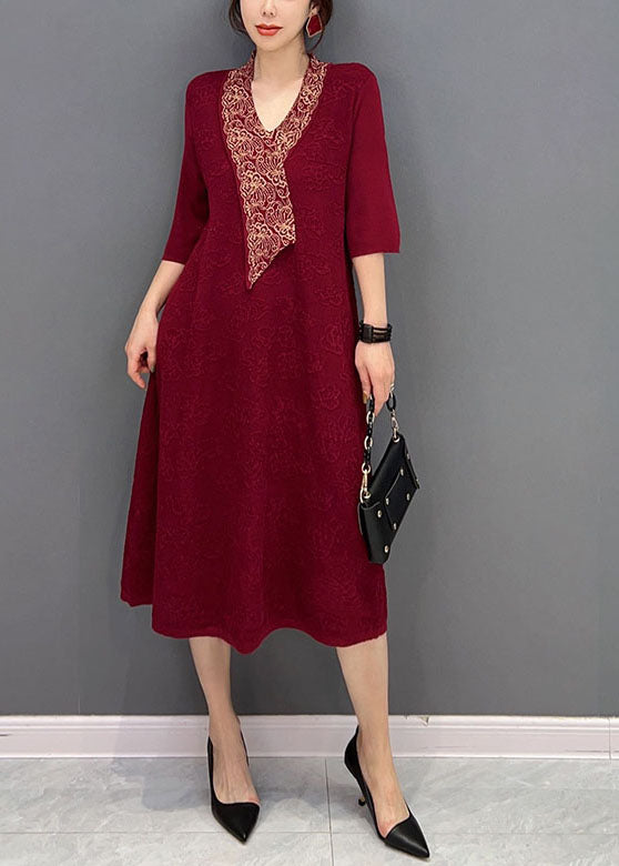 Red V Neck Jacquard Slim Fit Cotton Holiday Dress Half Sleeve