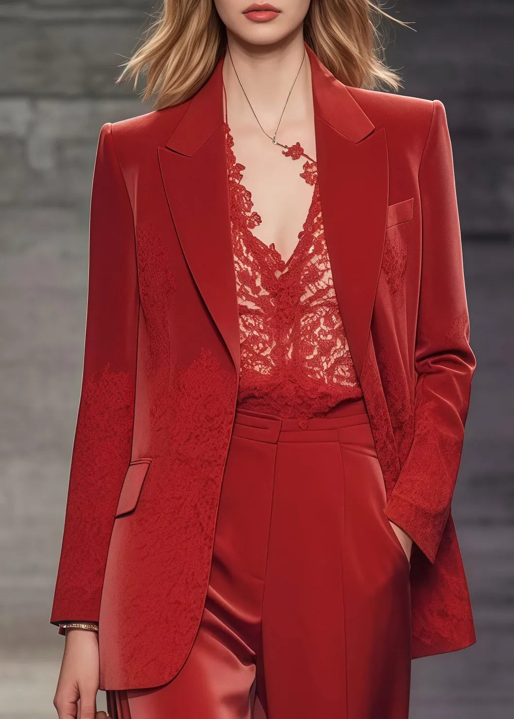 Boutique Red Oversized Patchwork Lace Spandex Coats and Straight Pantstwo Pieces Set Spring