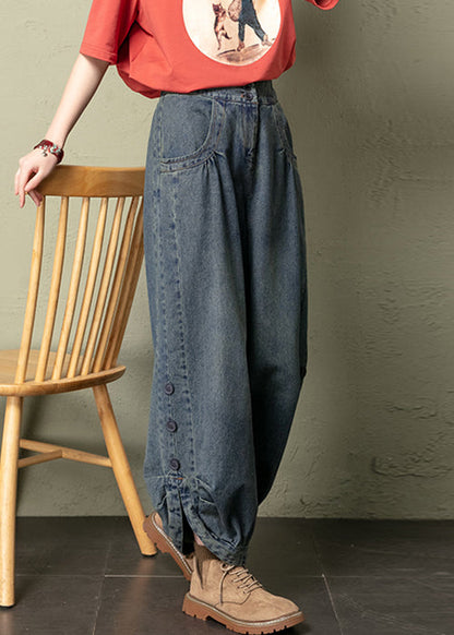 Blue Button Pockets Elastic Waist Jeans Spring