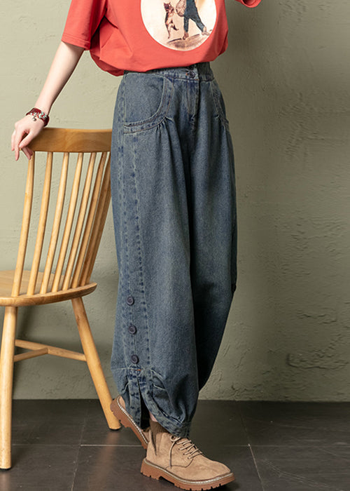 Blue Button Pockets Elastic Waist Jeans Spring