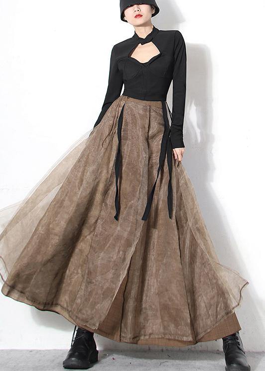 Brown Tulle High Waist Zippered Skirt