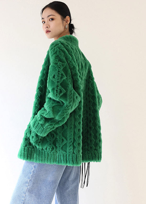 Green V Neck Thick Button Woolen Coats Winter
