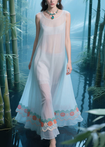Light Blue Oversized Patchwork Tulle Sheer Dresses Summer