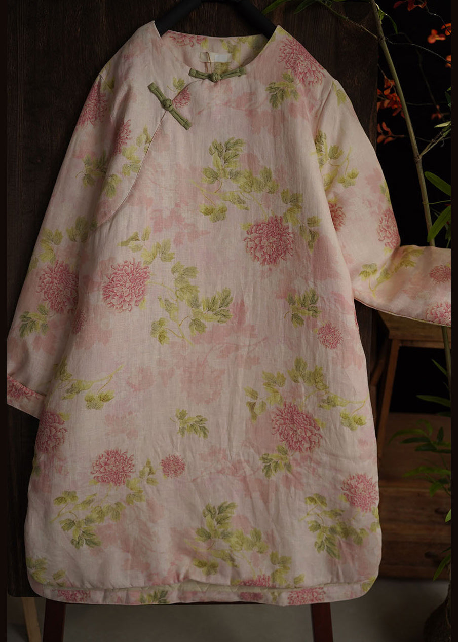 Pink Chinese Button Print Side Open Cotton Filled Dress Spring