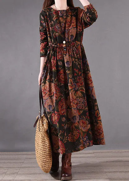 Boutique Brown Cinched Print Cotton Holiday Dress Spring