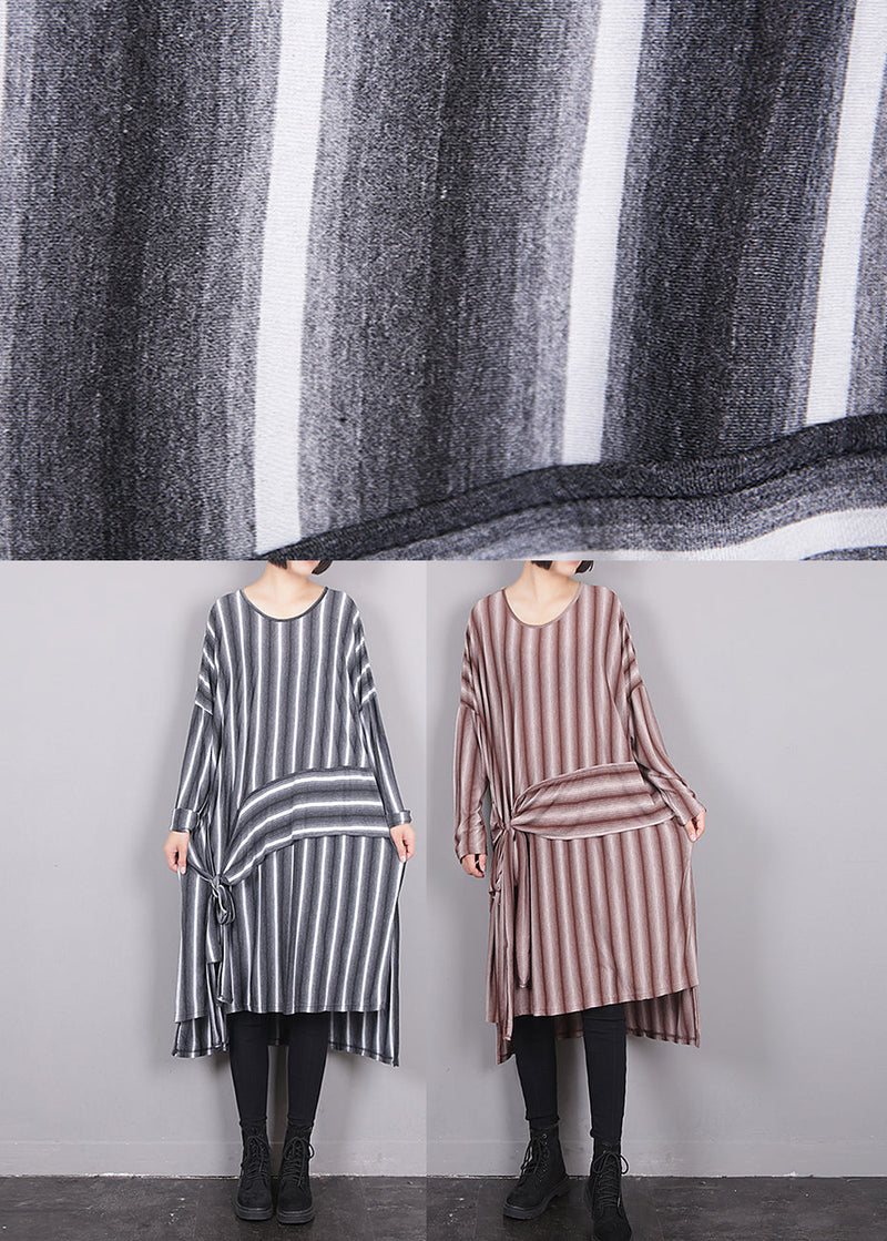 Red O-neck Asymmetrical Striped Low High Design Maxi Dress Fall