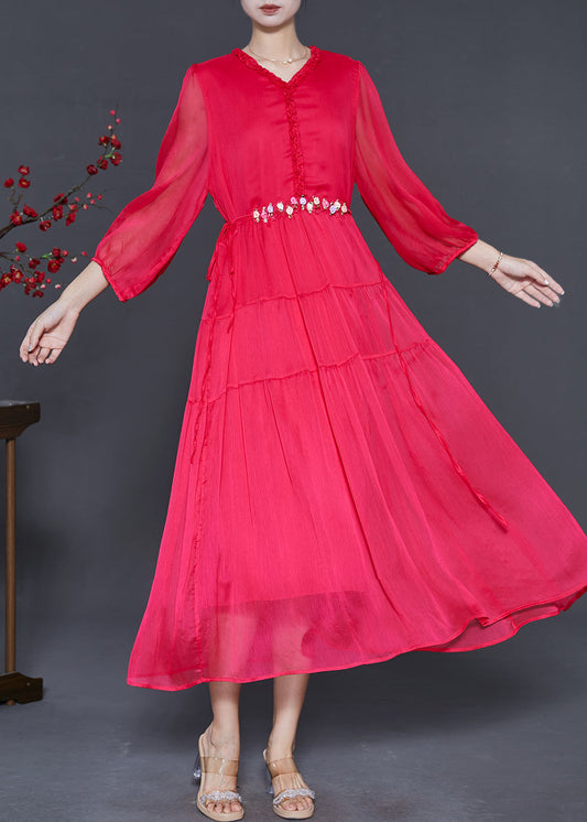 Classy Red Ruffled Silk Beach Dresses Spring