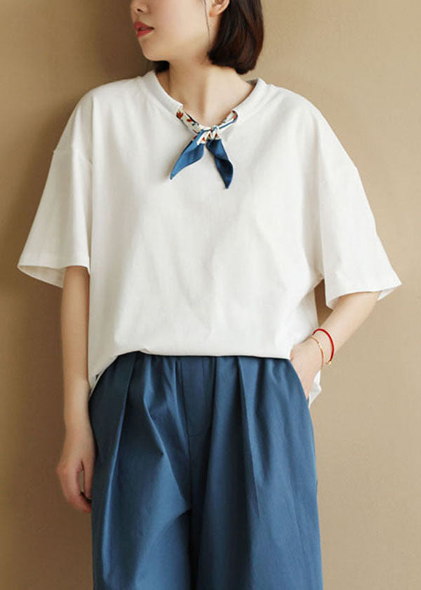 White O-neck Drawstring Bow Cotton Tank Short Sleeve