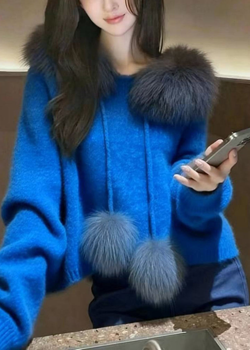 Blue Oversized Patchwork Fuzzy Ball Decorated Knit Pullover Spring