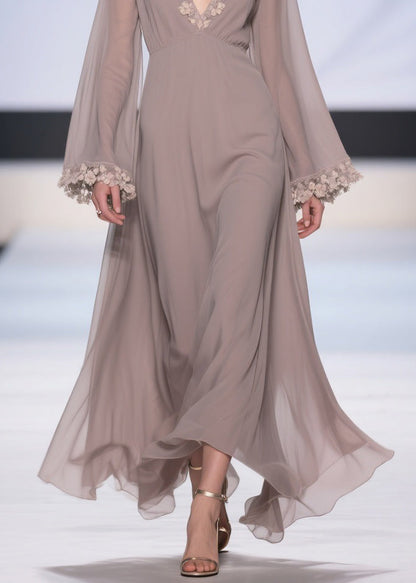 Light Grey Lace High Waist Chiffon Robe Dresses V Neck