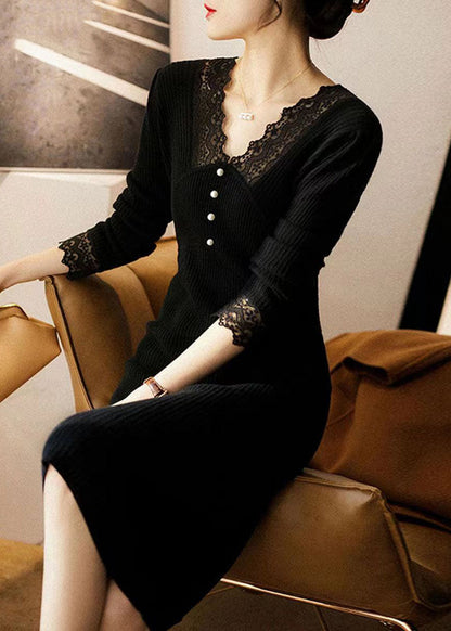 Black V Neck Lace Patchwork Woolen Dress Fall