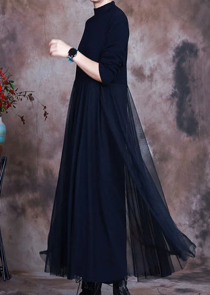 Black Tulle Patchwork Knit Dress Spring