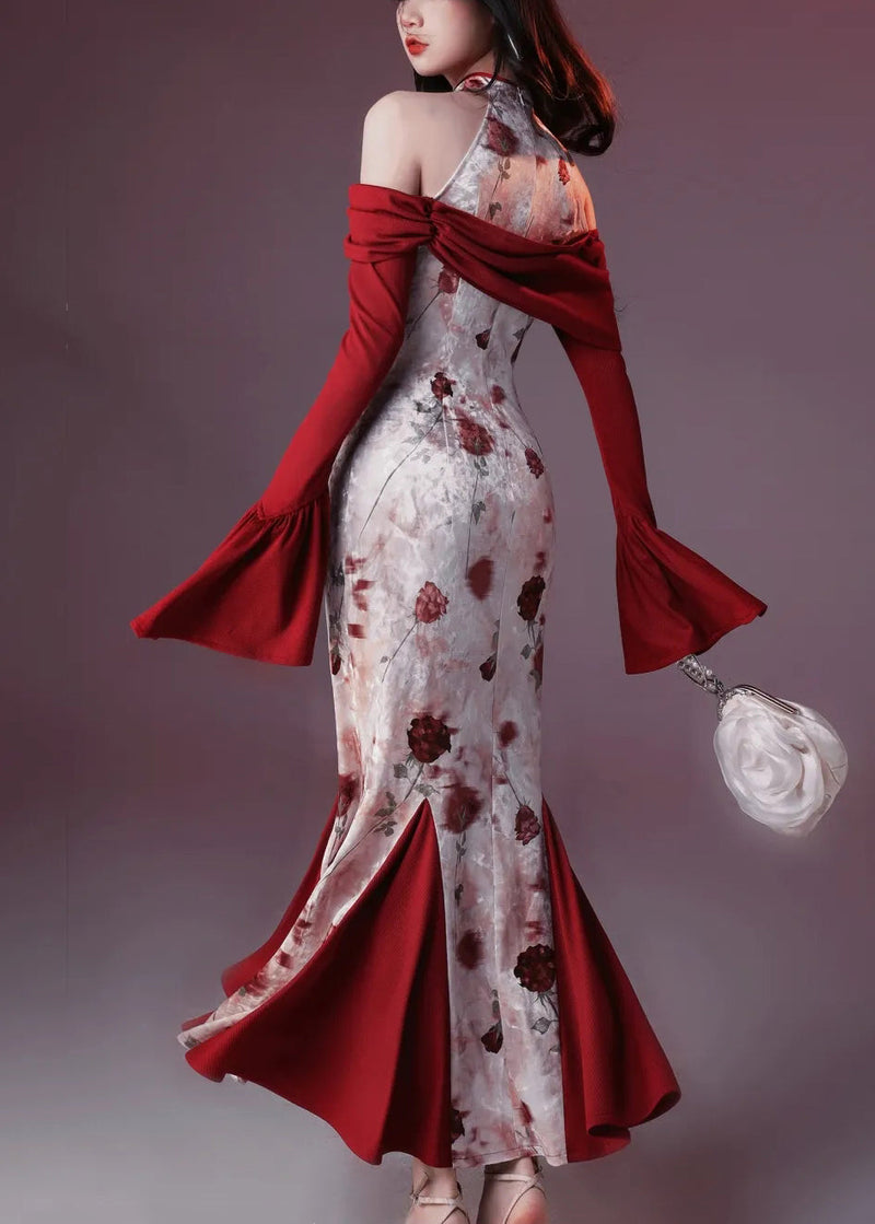 Red Print Patchwork Silk Velvet Fishtail Dresses Flare Sleeve