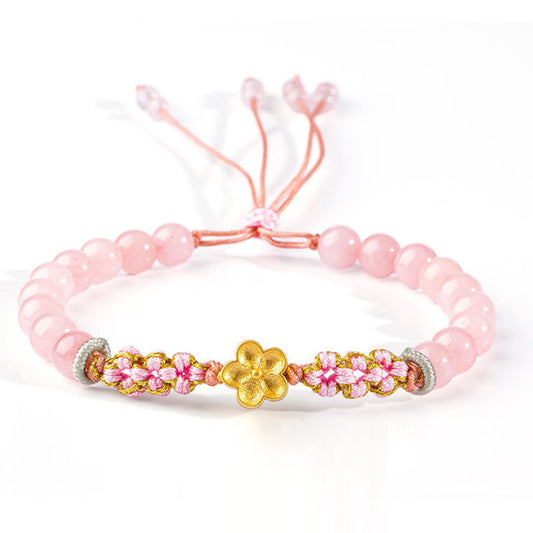 Buddha Stones 999 Sterling Silver Natural Red Agate Pink Crystal Cherry Blossom Bracelet
