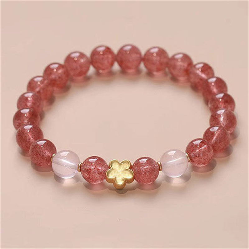 Buddha Stones Natural Strawberry Quartz Peach Blossom Pixiu Attract Fortune Healing Bracelet