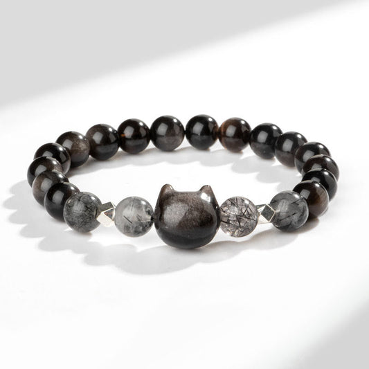 Buddha Stones Natural Silver Sheen Obsidian Cat Head Protection Bracelet