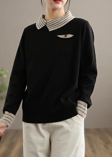 For Spring Black Knit Tops Clothing Lapel Patchwork Sweater Tops