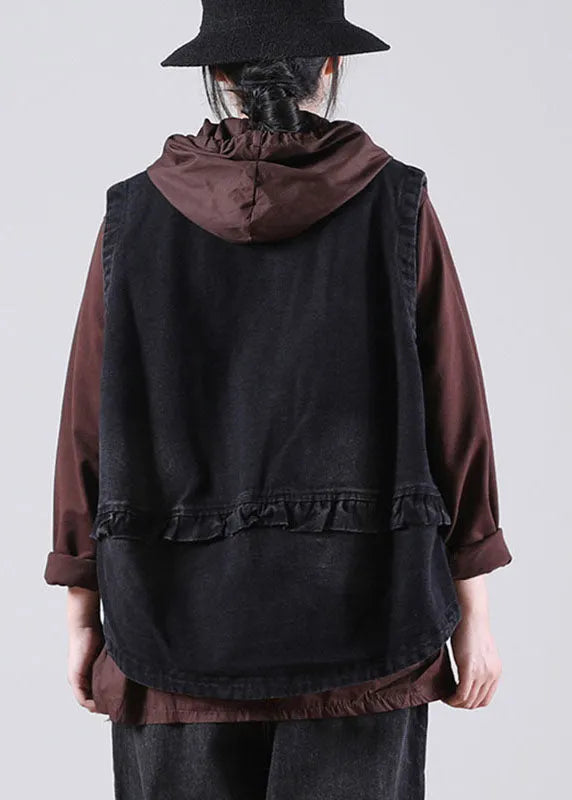 Black Stand Collar Pockets Button Fall Sleeveless Waistcoat