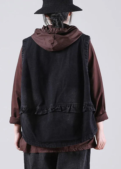Black Stand Collar Pockets Button Fall Sleeveless Waistcoat