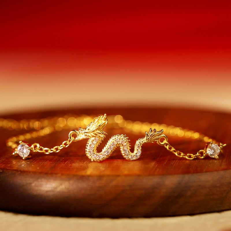 Buddha Stones 925 Sterling Silver Year of the Dragon Auspicious Golden Dragon Luck Red Rope Chain Bracelet