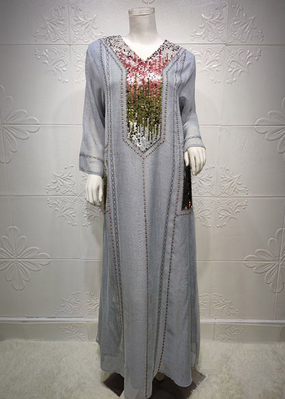 New Grey Style Sequined Embroidered V Neck Long Dress