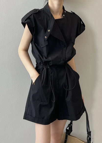 Black Button Linen Jumpsuits High Waist Short Sleeve
