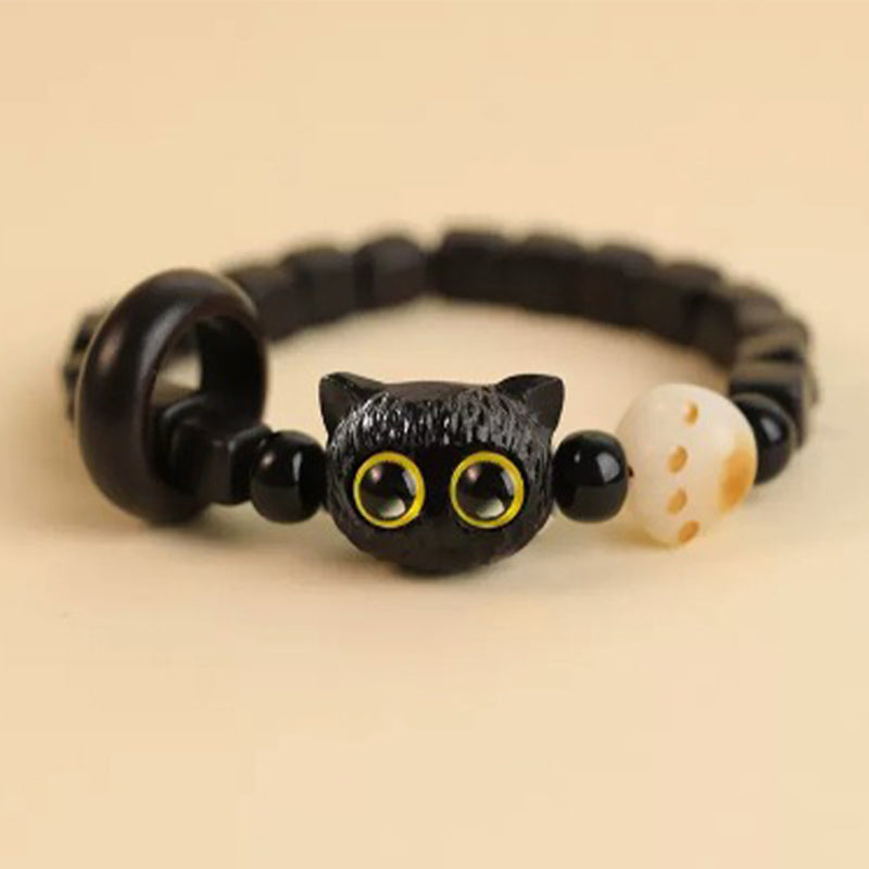 Buddha Stones Ebony Wood Cat Head Pattern Peace Bracelet