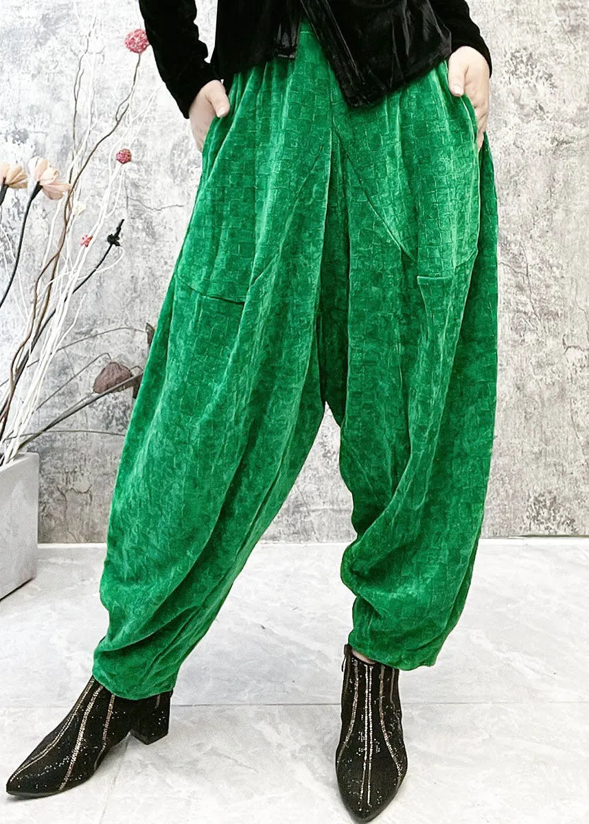 Green Plaid Elastic Waist Velour Lantern Pants Spring