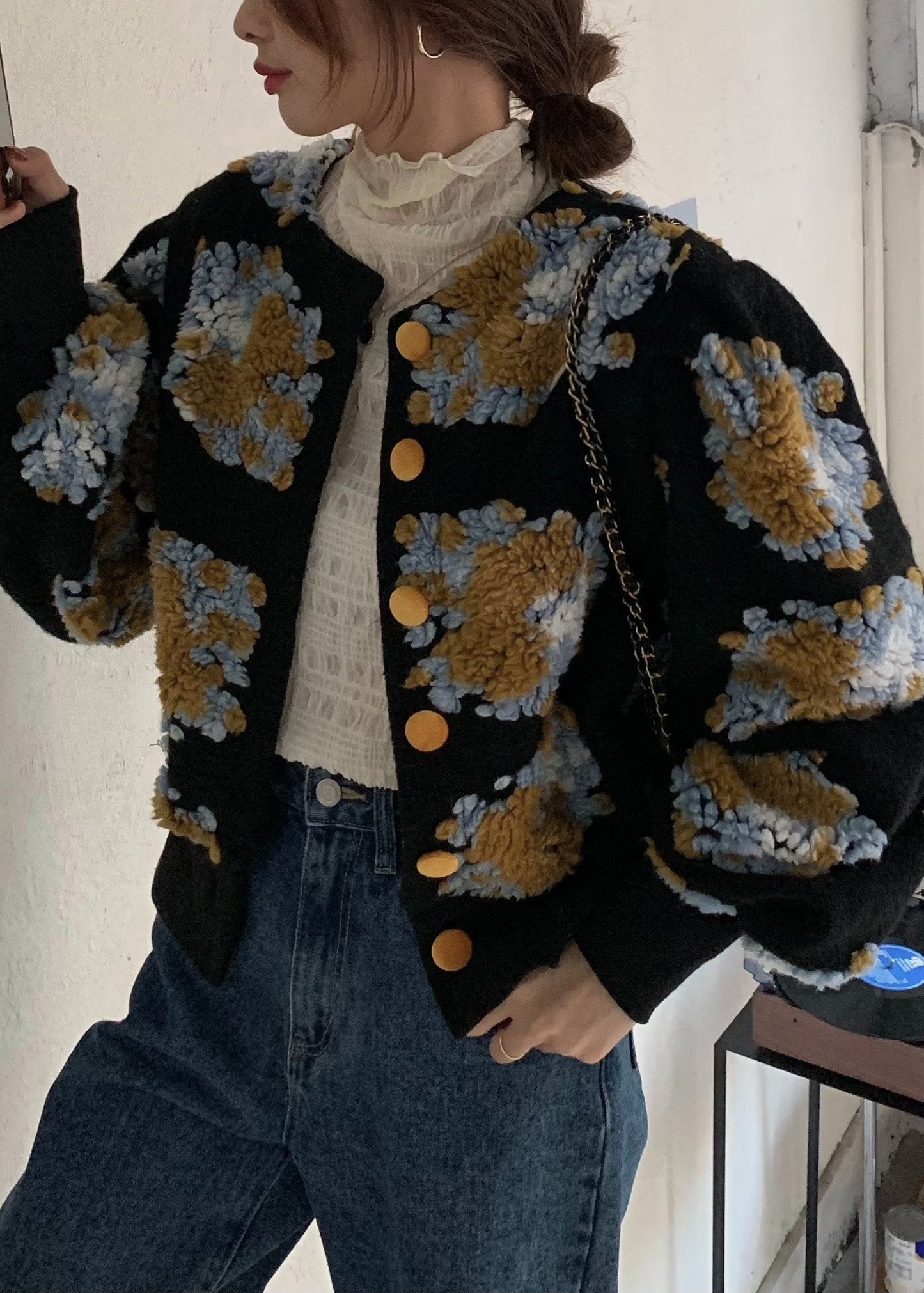 Handmade Black Embroidered Faux Fur Jacket Spring
