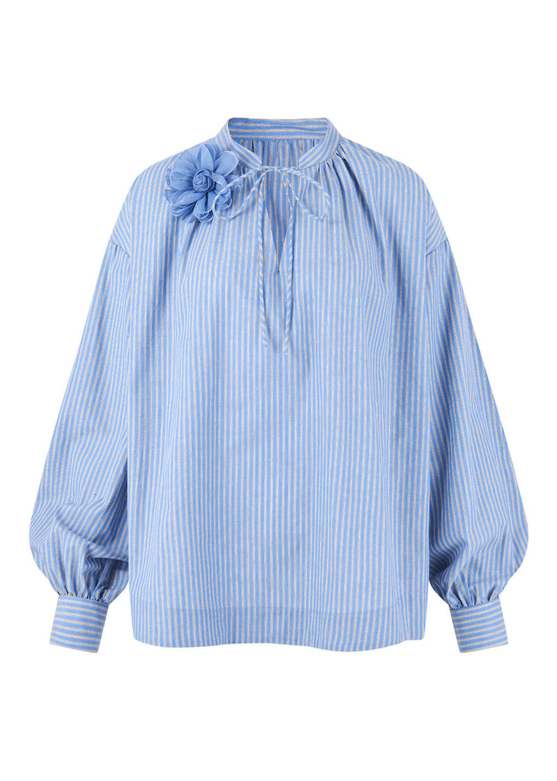 Italian Blue Striped V Neck Cotton Shirt Fall