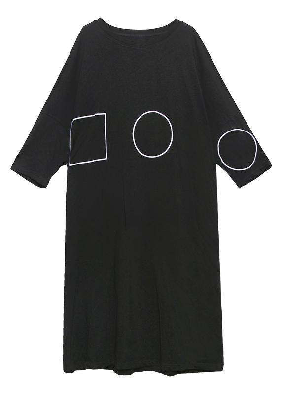 French Black-flower Tunics for O Neck Pockets a Line Dress